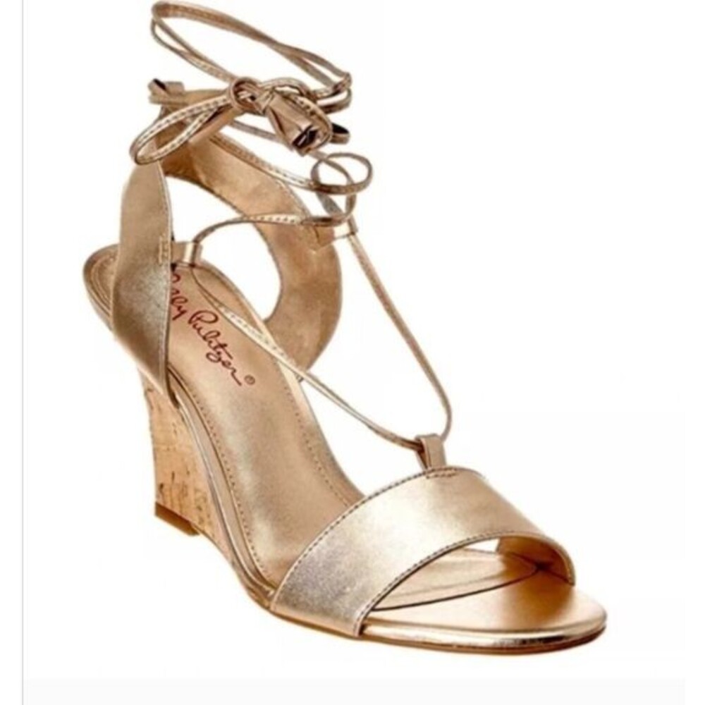 Lilly Pulitzer Aria Gold Leather Cork Wedge Lace Up Heel Sandals Womens 6.5 EUC
